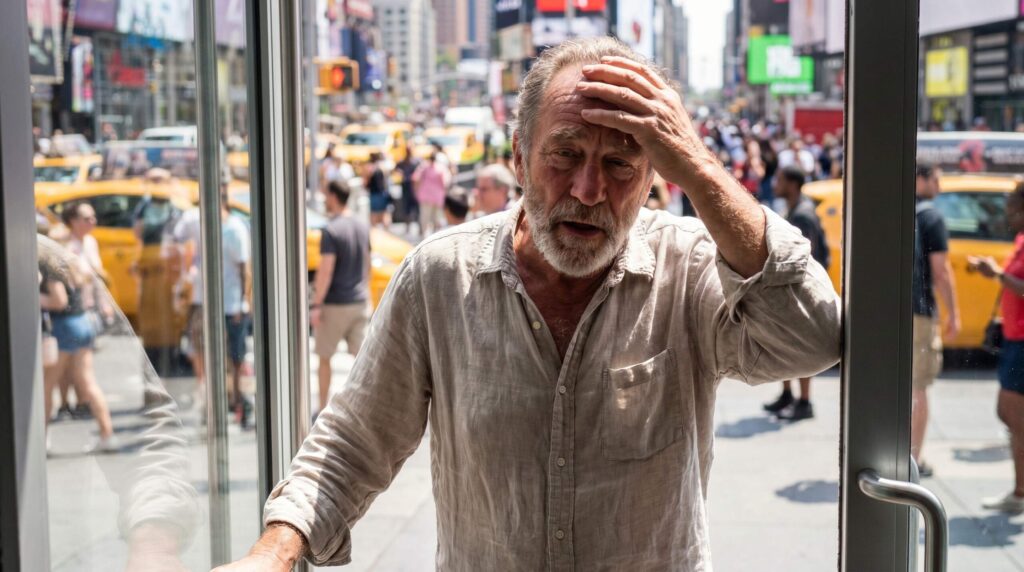 Older man with gray beard in light button-up shirt touching his forehead with hand, standing in doorway between air-conditioned indoor space and crowded Times Square street with yellow taxis
