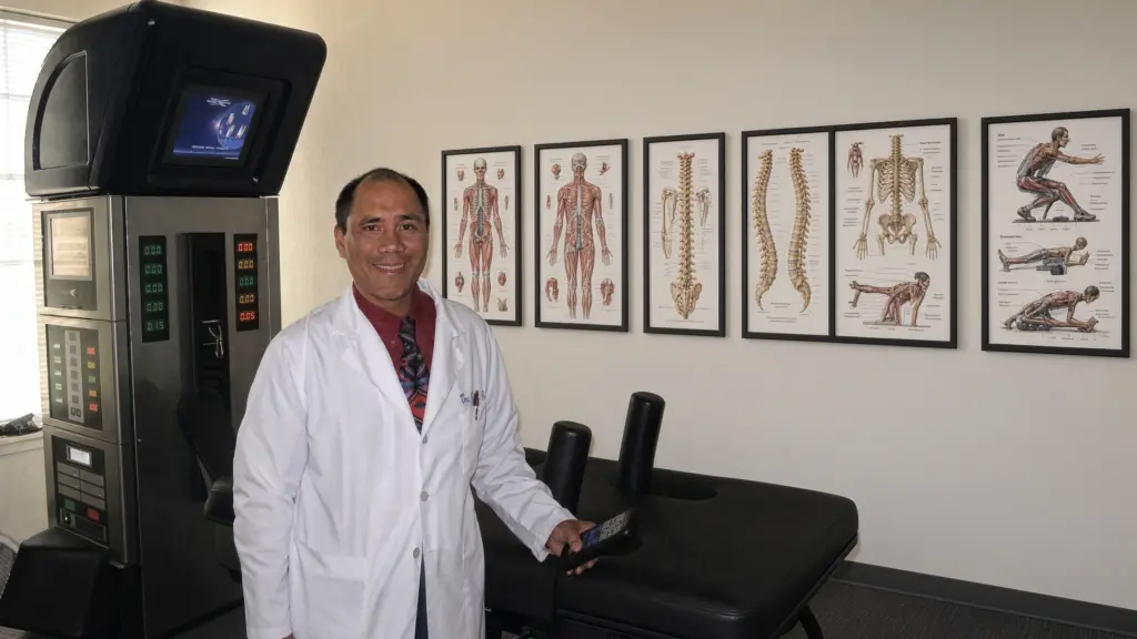 Dr. David Basco in a white coat beside the DRX9000 spinal decompression system in his office